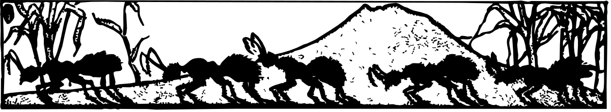 Silhouette Group Walking Through Forest - Black and White Clipart
