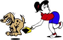 Cartoon Dog Chasing Man with Yellow Arrow Clipart
