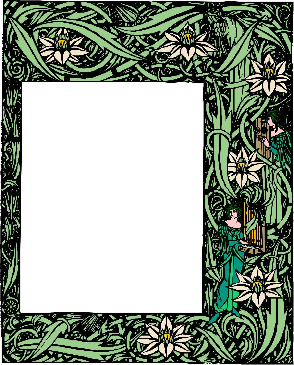 Green Floral Frame Clipart Featuring a Woman