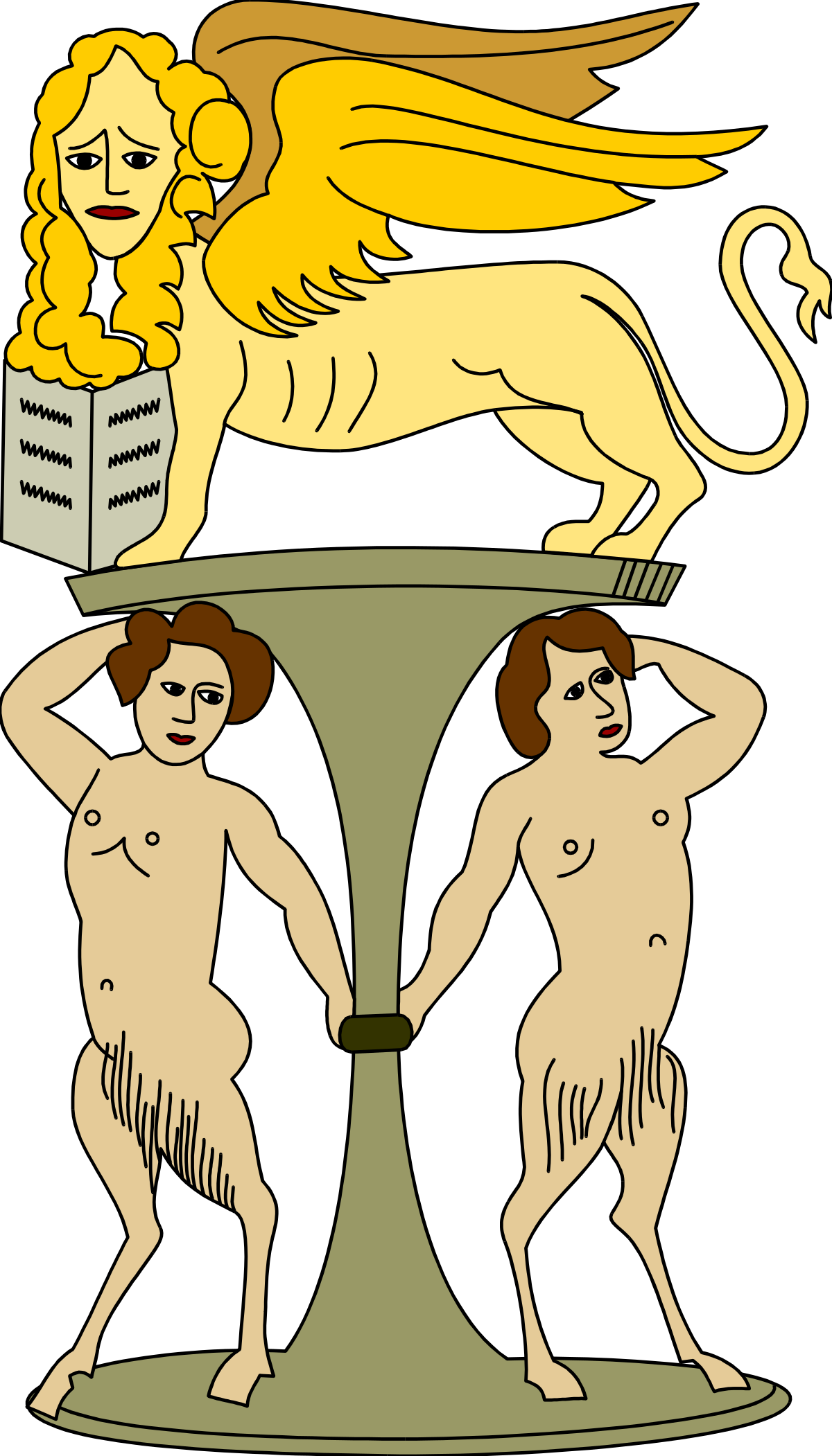 Cartoon of Two Women with a Lion on Their Shoulders - Vibrant Clipart