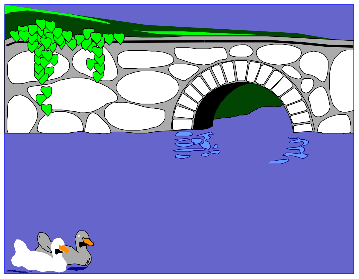 Duck Swimming in a Pond Clipart with Stone Bridge