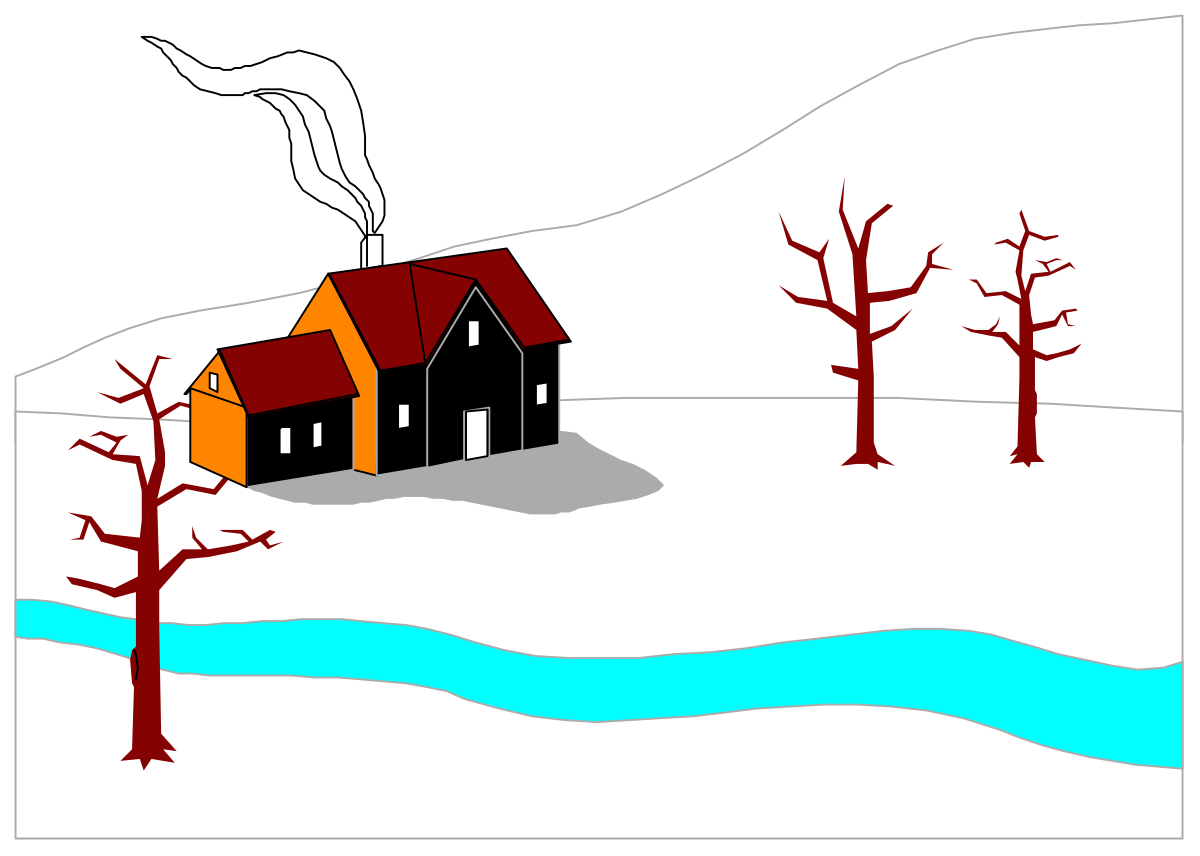 Snowy House with Trees and Bird Clipart - Nature Border Design