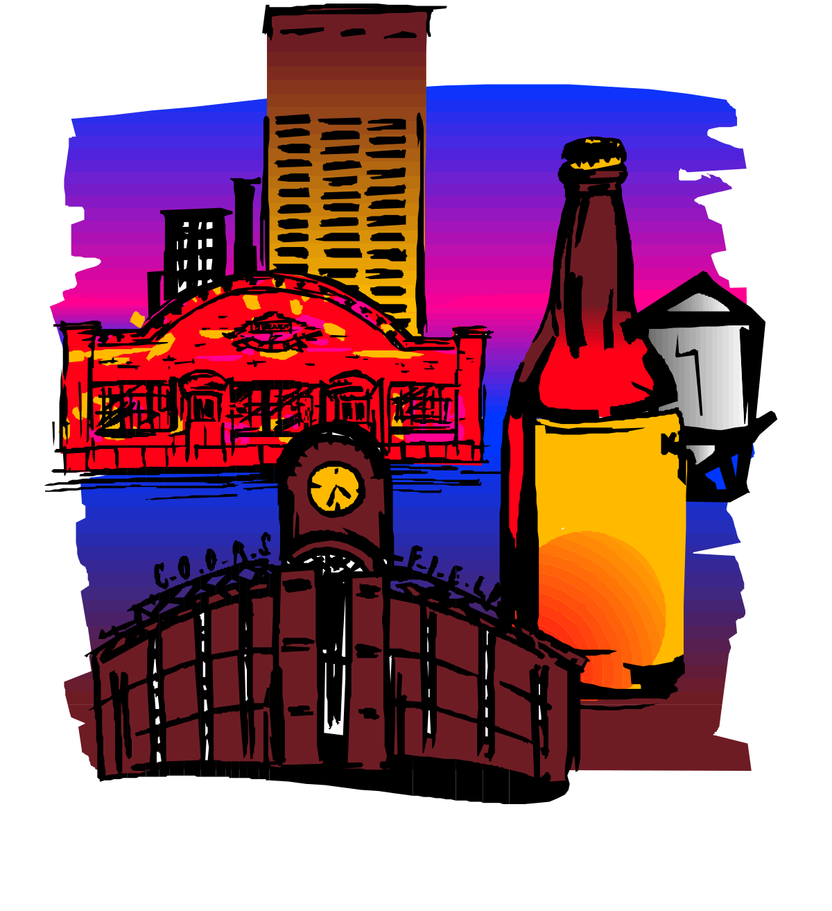 Beer Bottle and Clock Clipart on City Street - Vibrant Urban Scene