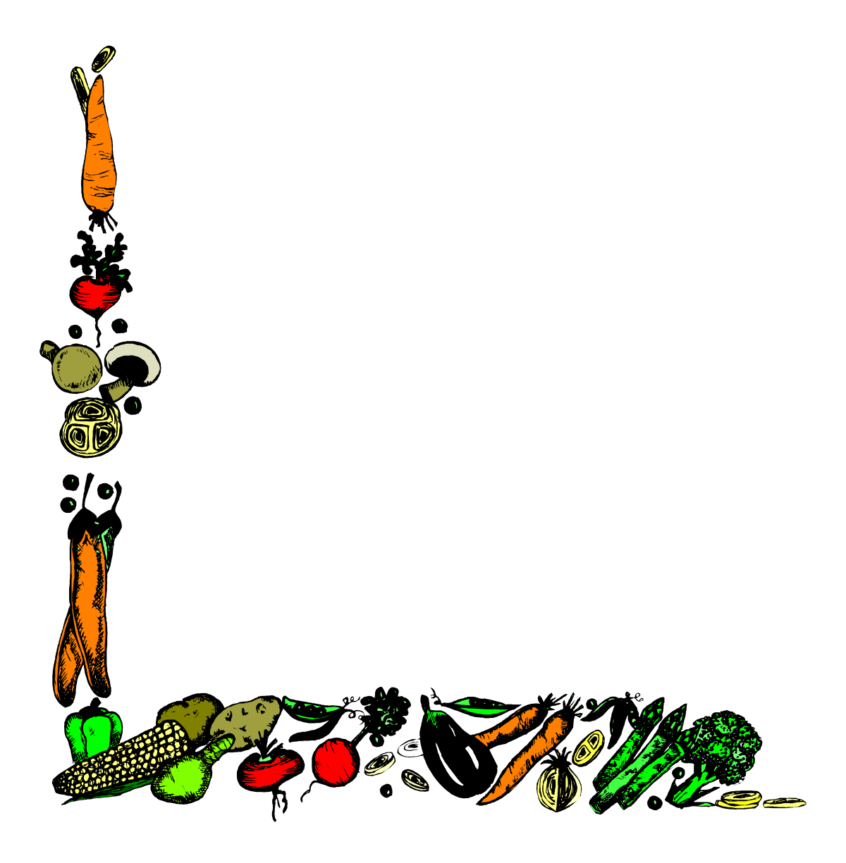 Vibrant Vegetable Borders and Corners Clipart on Black Background