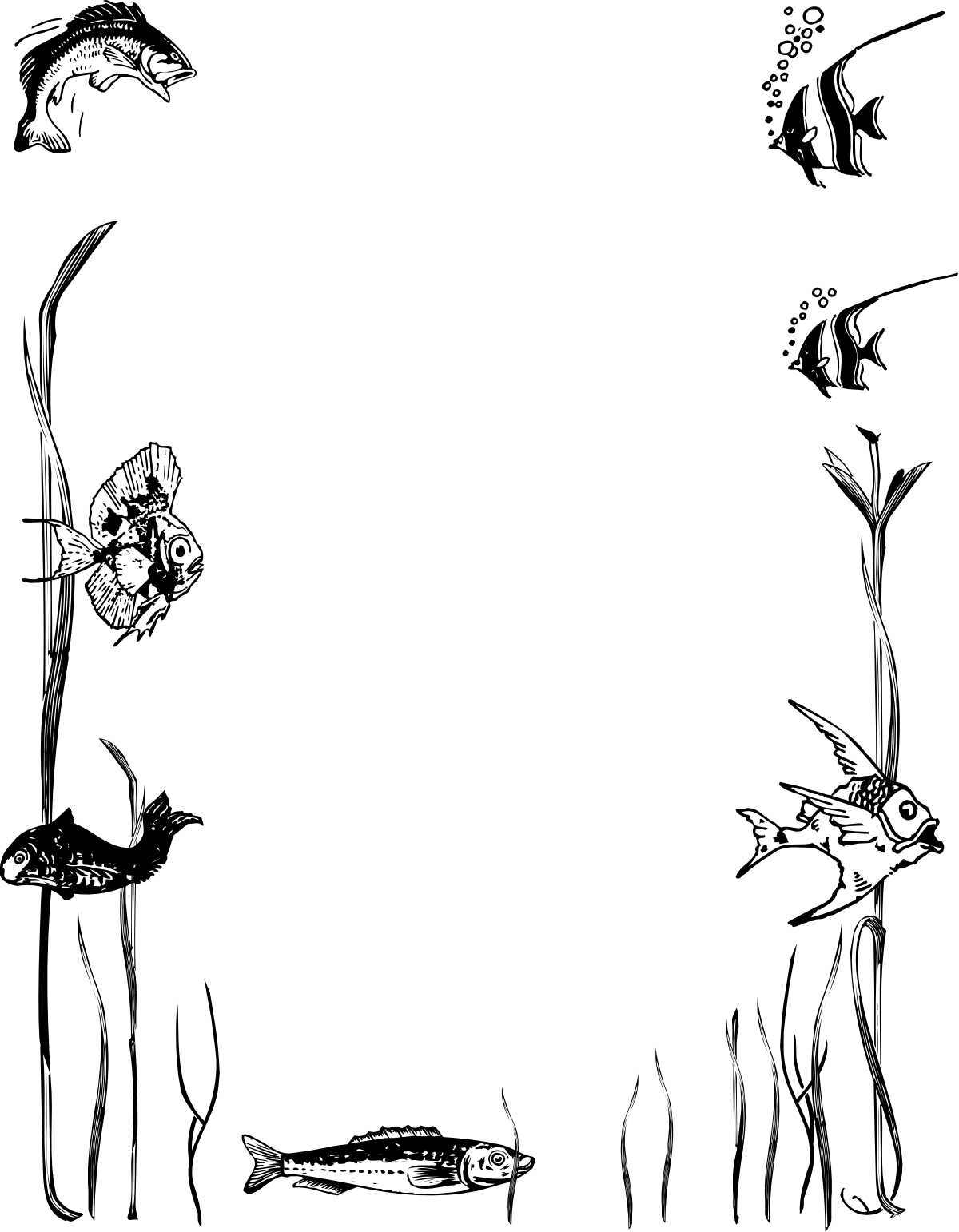 Black and White Clipart of a Man with a Fish - Elegant Border Design