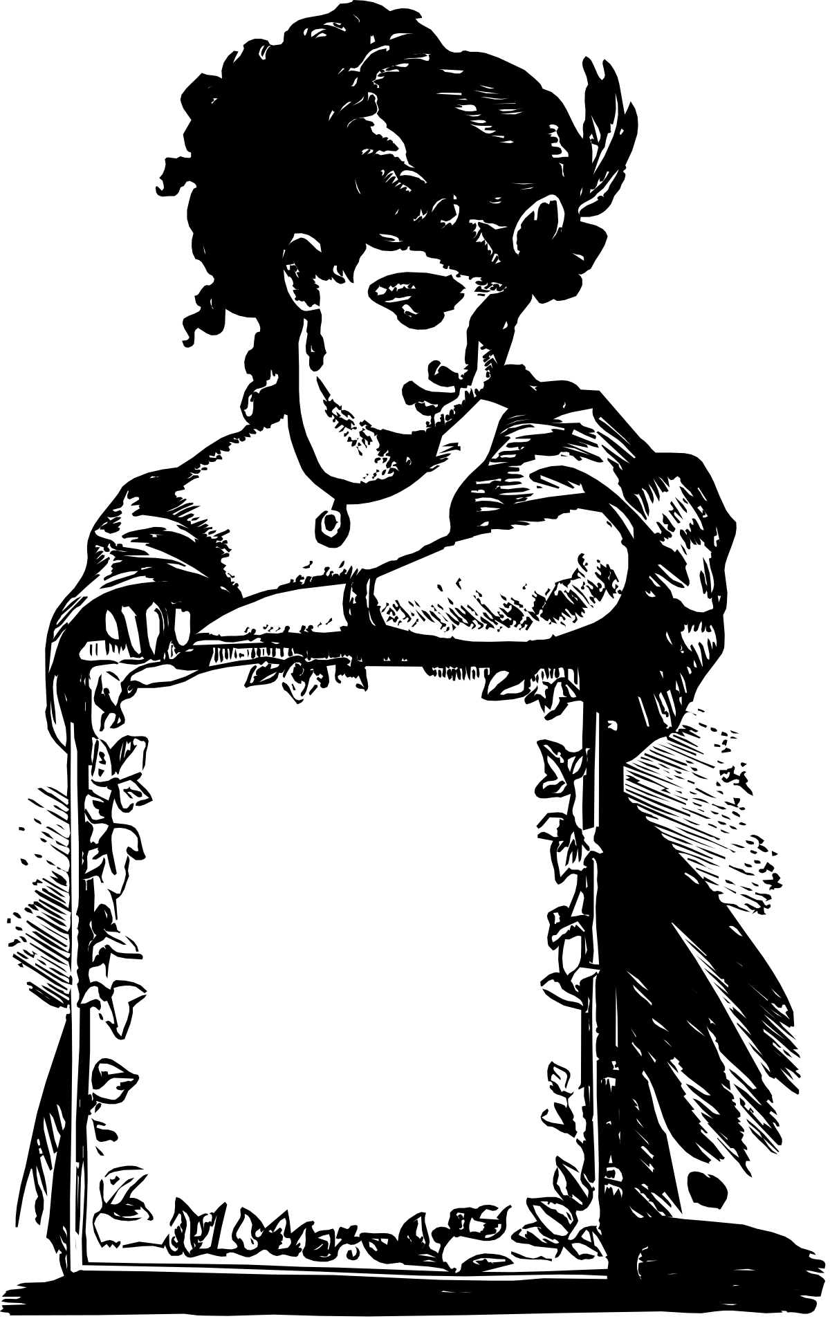 Black and White Clipart of a Woman Holding a Sign  Elegant Borders