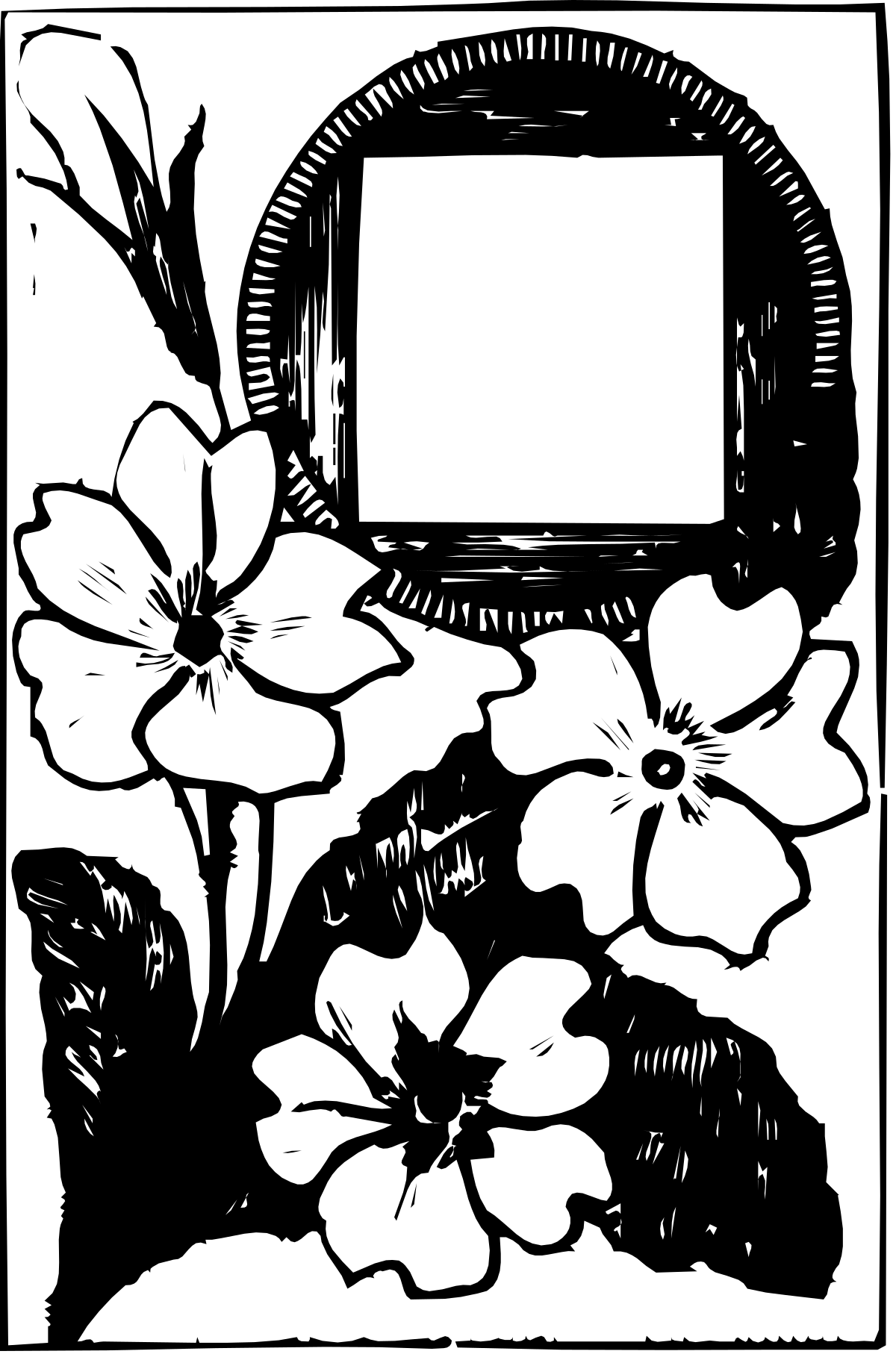 Black and White Flower Clipart with Blank Sign - Elegant Decorative Borders