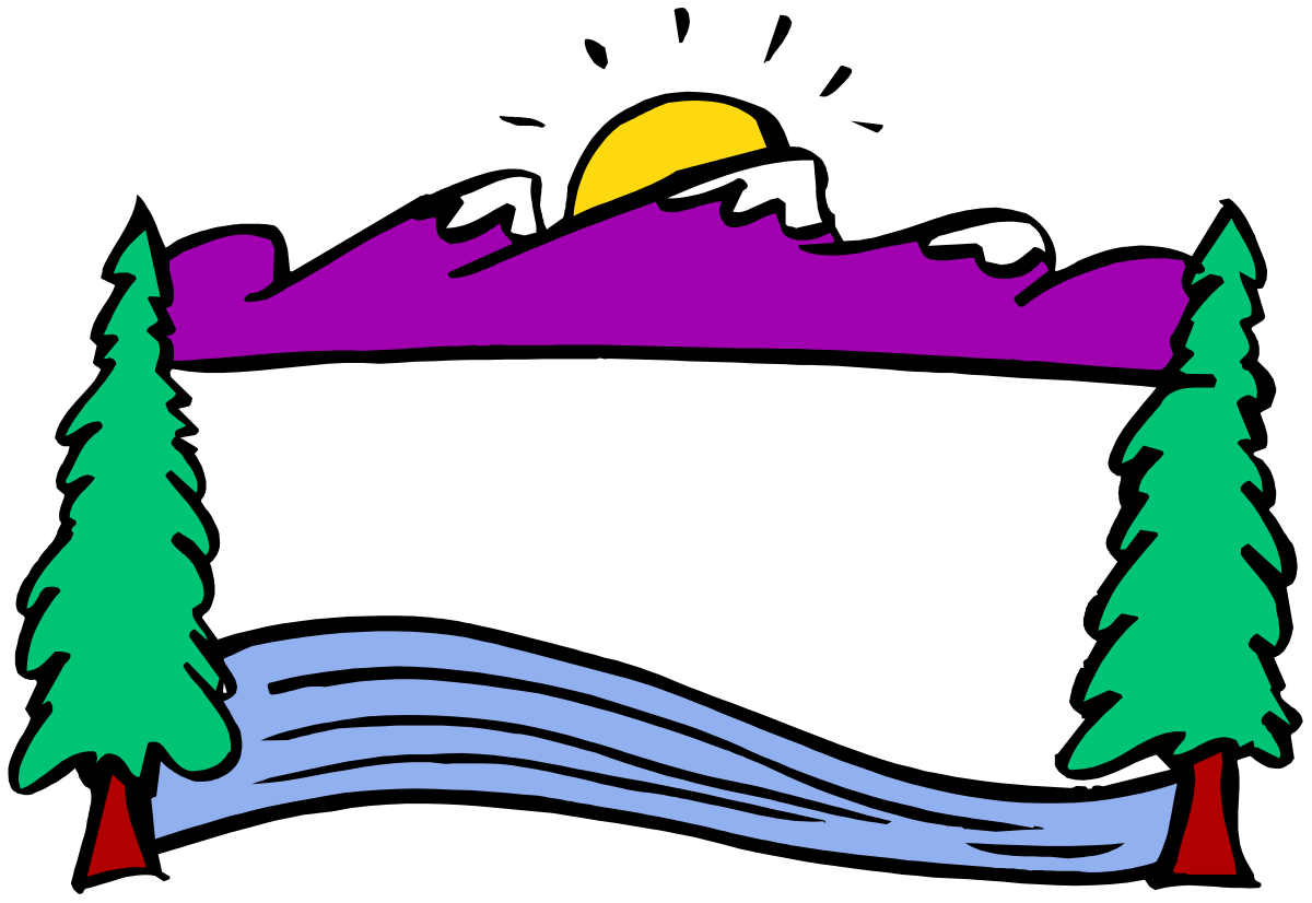 Mountain Landscape Clipart with Trees and Sun - Scenic Borders