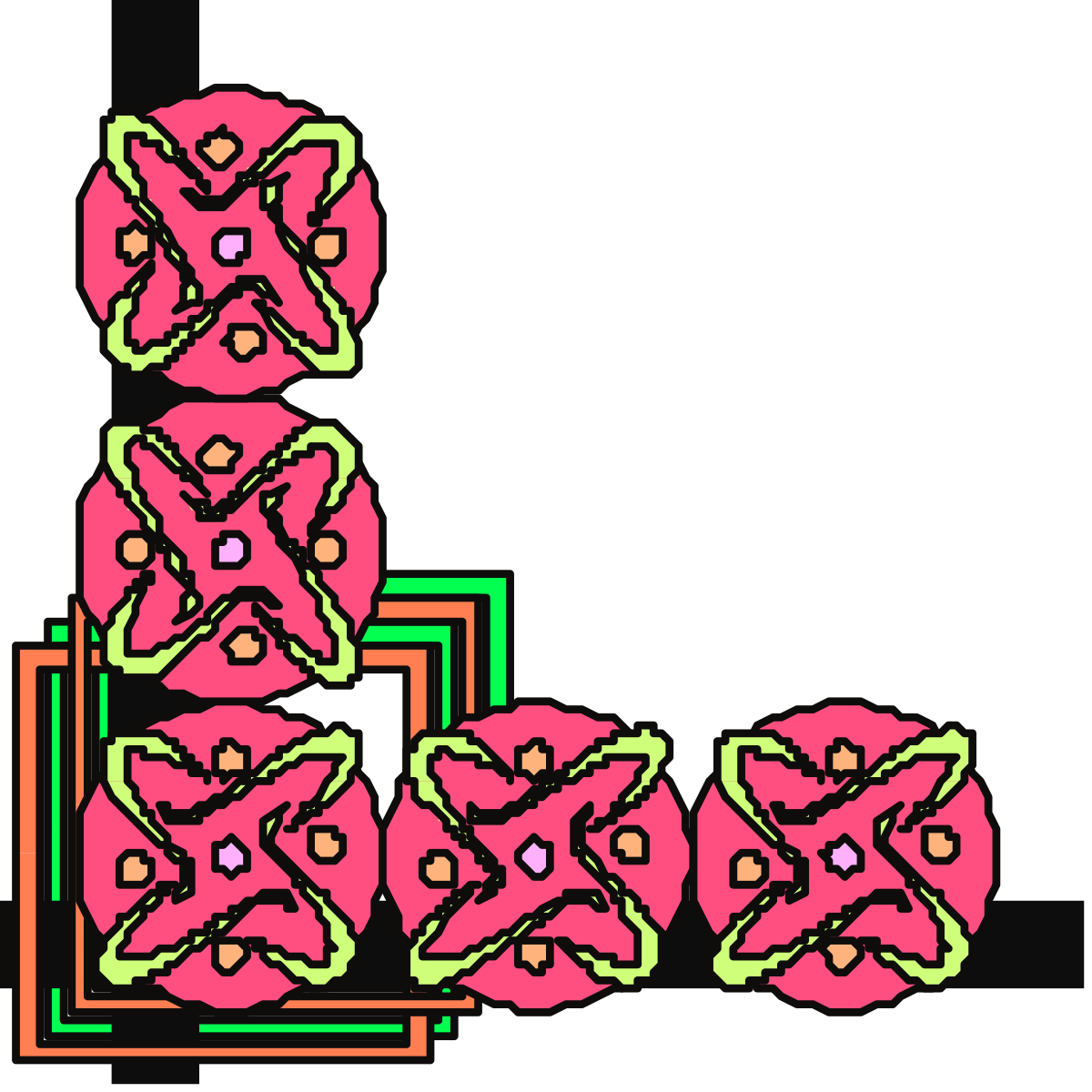 Pink Flower Clipart with Green Leaves on Black Background - Elegant Borders and Corners