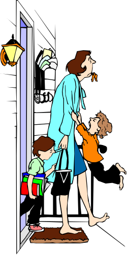 Walking Woman and Child in Doorway Clipart