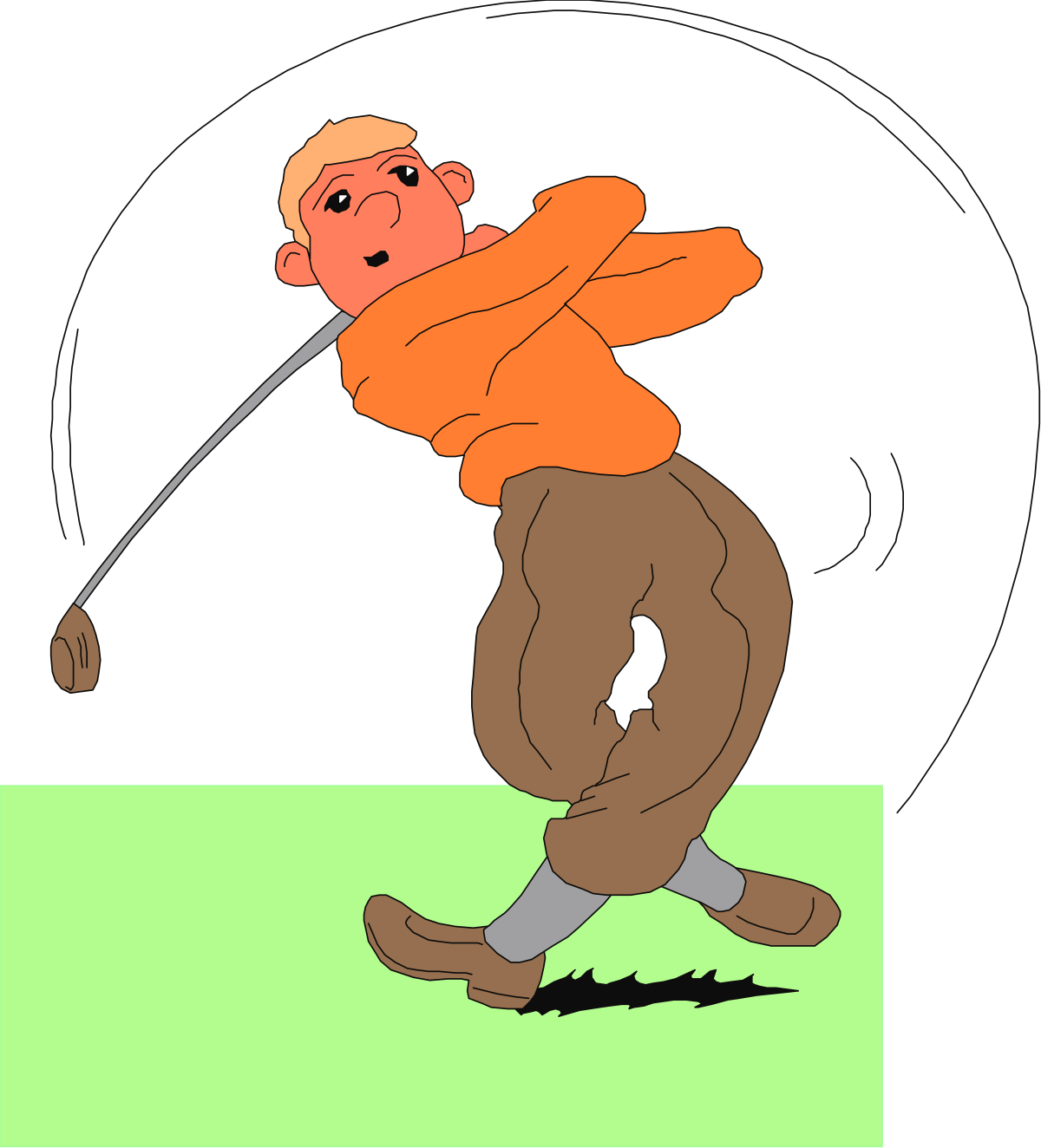 Golf Club Swinging Man in Orange Shirt - Dynamic Clipart