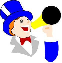 Man in Blue Hat and Bow Tie Blowing Yellow Horn Clipart