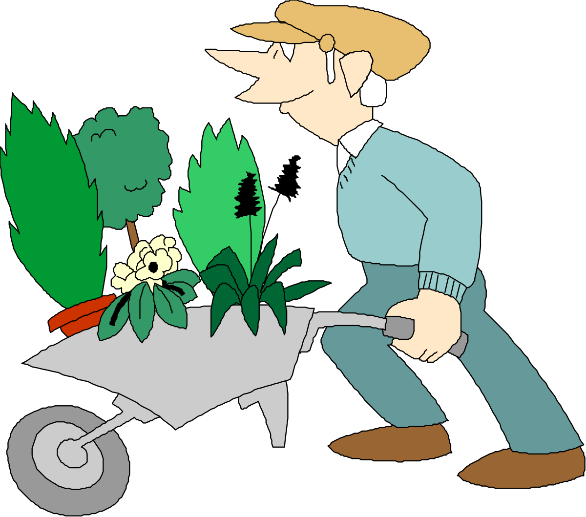 Man Pushing Wheelbarrow with Plant - Vibrant Clipart for Gardening Themes