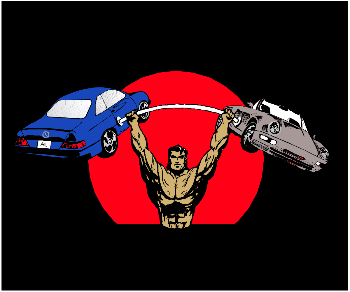 Cars and Sword: Dynamic Clipart Scene with Two Vehicles and a Heroic Man