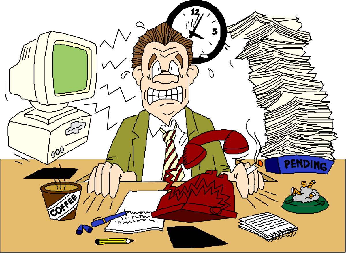 Man Sitting at Desk with Pile of Papers Clipart