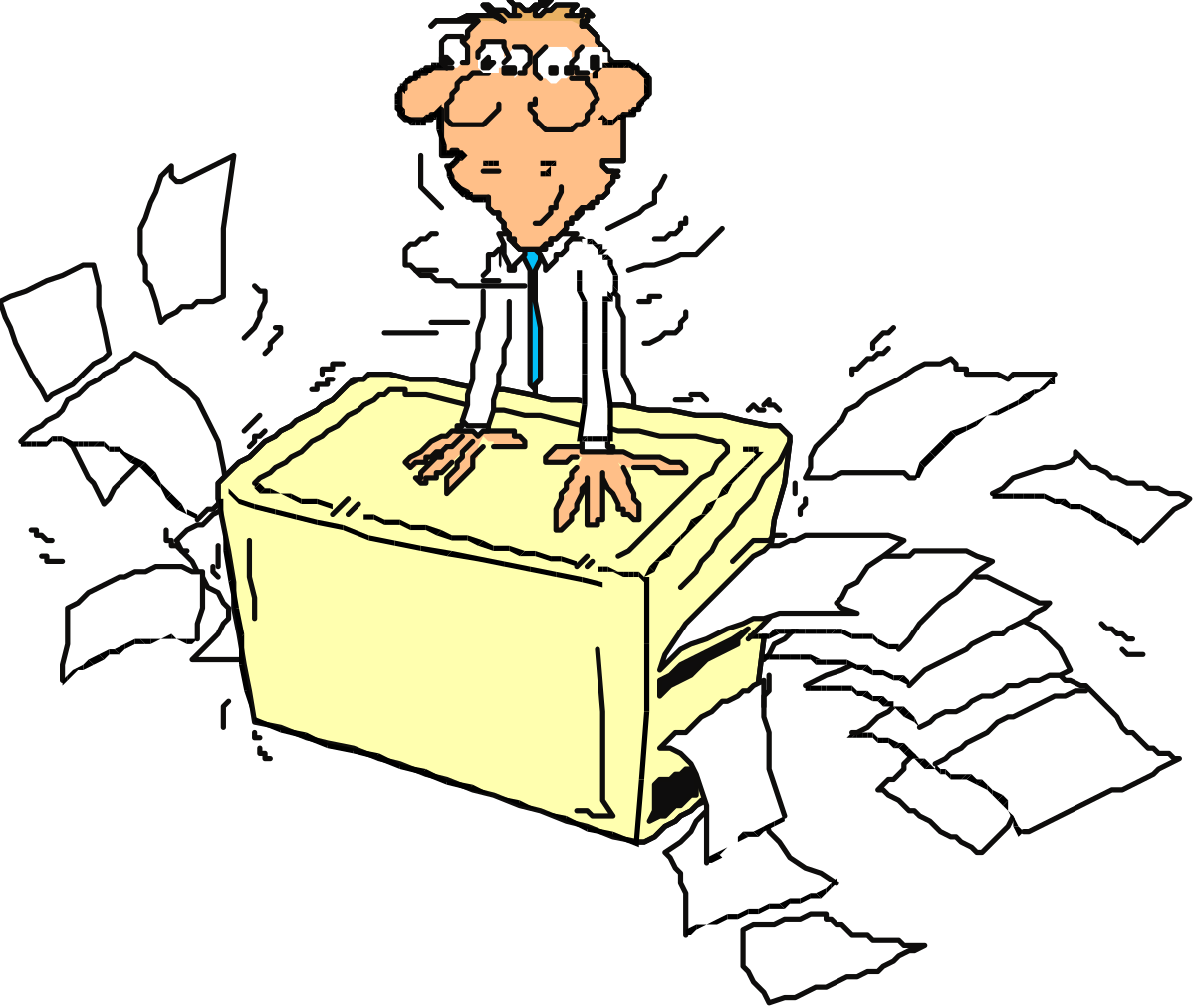 a man sitting on top of a box with papers flying around him clip art png transparent Man Sitting on Box with Papers Flying - Creative Clipart