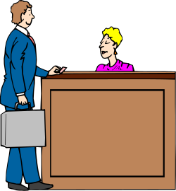 Front Desk Interaction: Woman at Reception with a Man Clipart