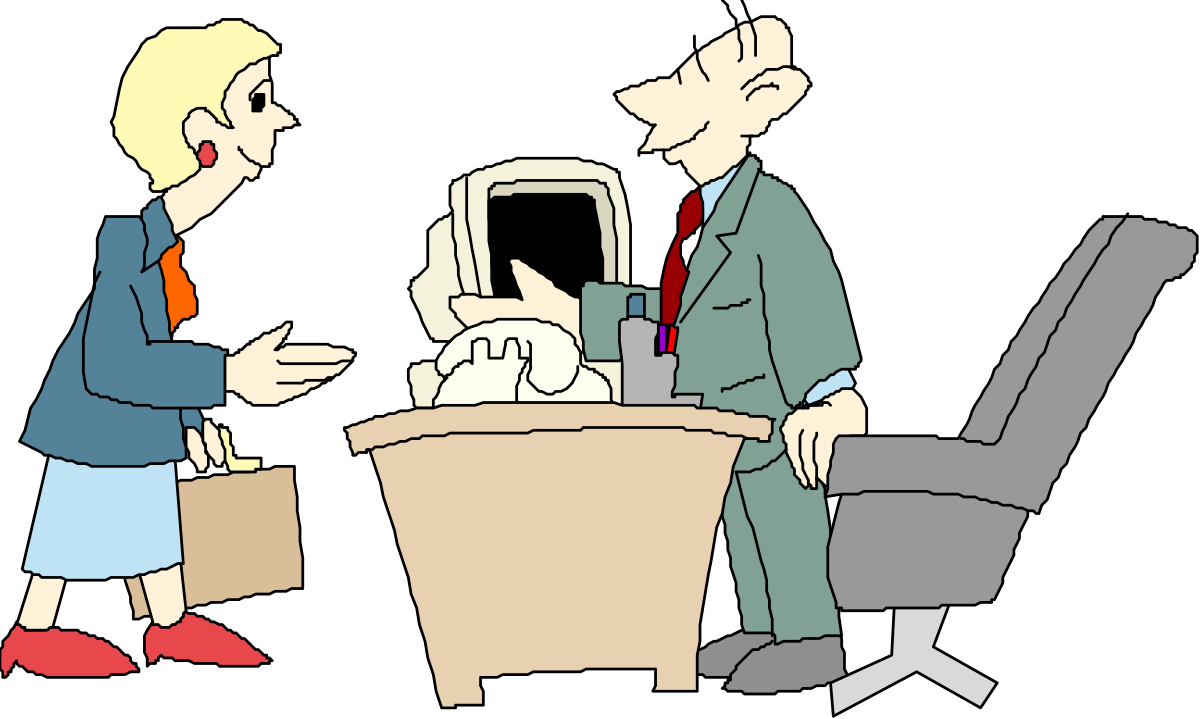 Office Conversation Clipart: Man and Woman Discussing in Workspace