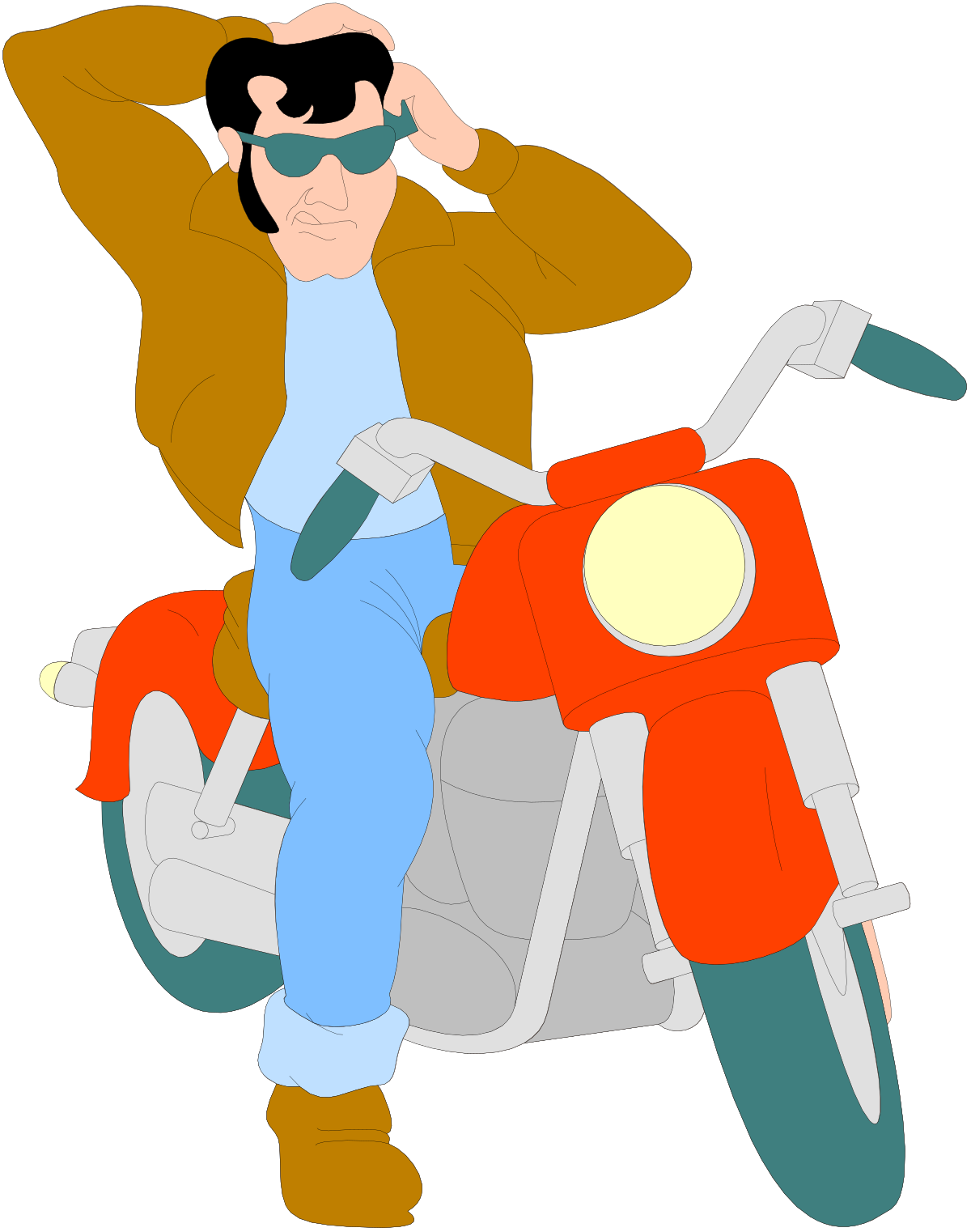 a man riding a motorcycle with his hand on his head clip art png transparent Motorcycle Rider with Hand on Head Clipart - Dynamic Action Scene