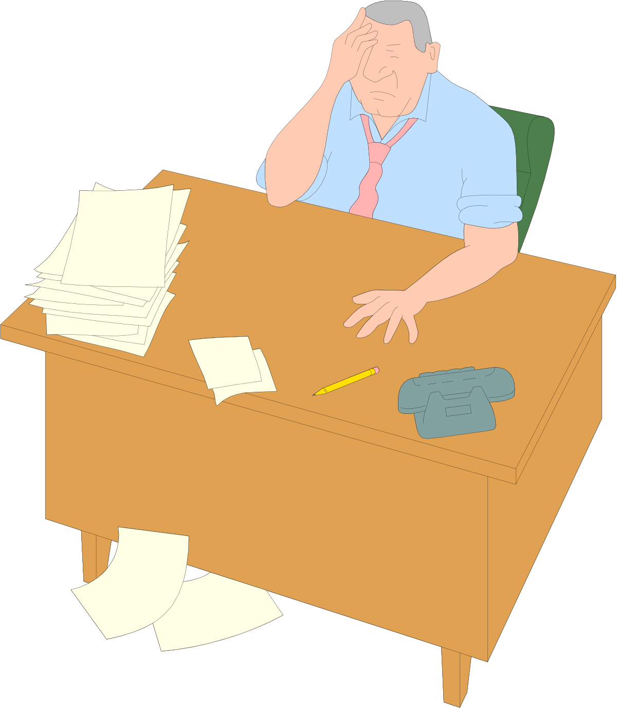 Man Sitting at Desk with Papers and Pen Clipart