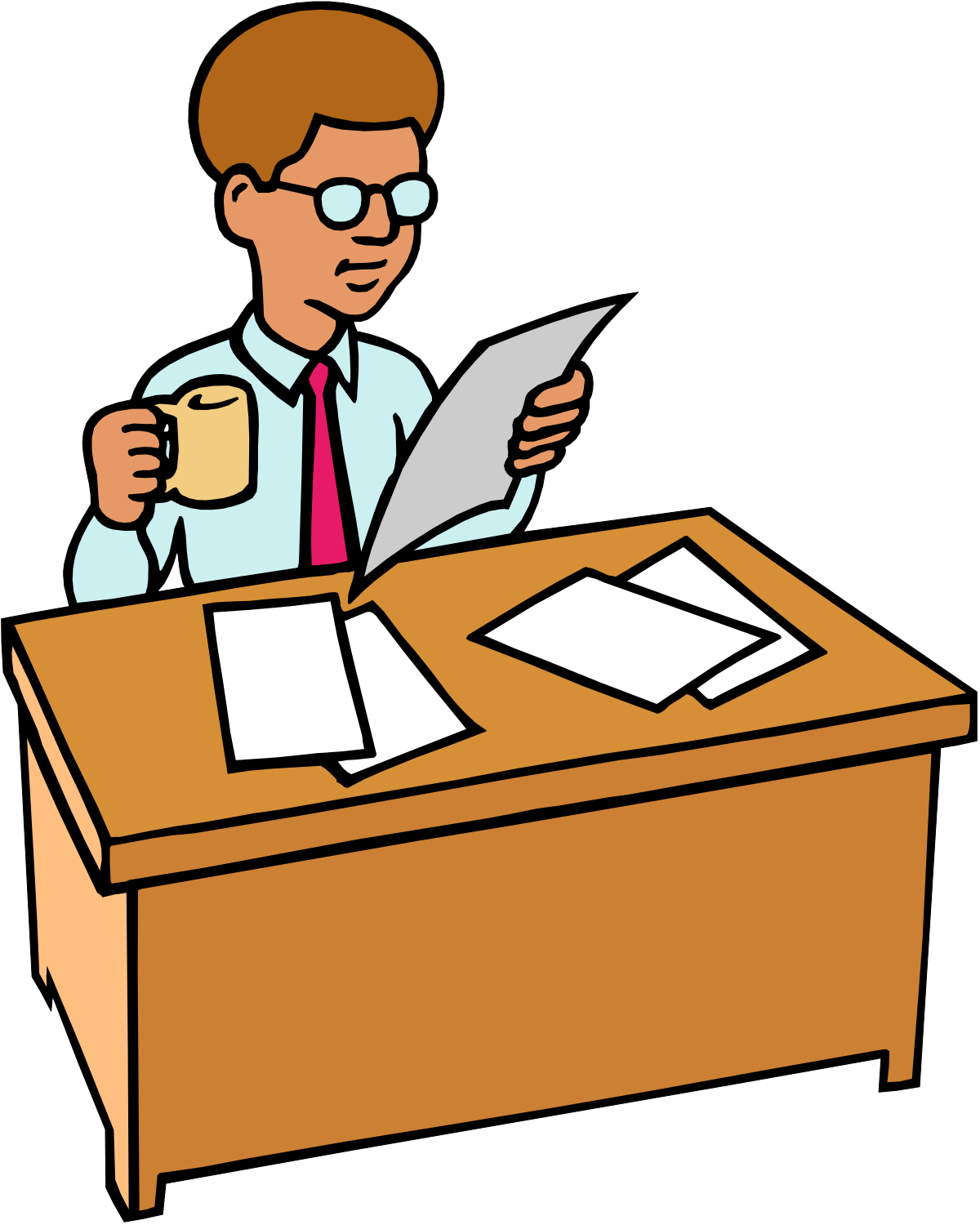 a man sitting at a desk with a cup of coffee clip art png transparent Man Sitting at Desk with Coffee - Relaxed Work Environment Clipart
