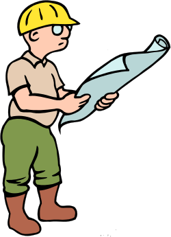 Man in Hard Hat and Overalls Holding Blueprint - Construction Clipart