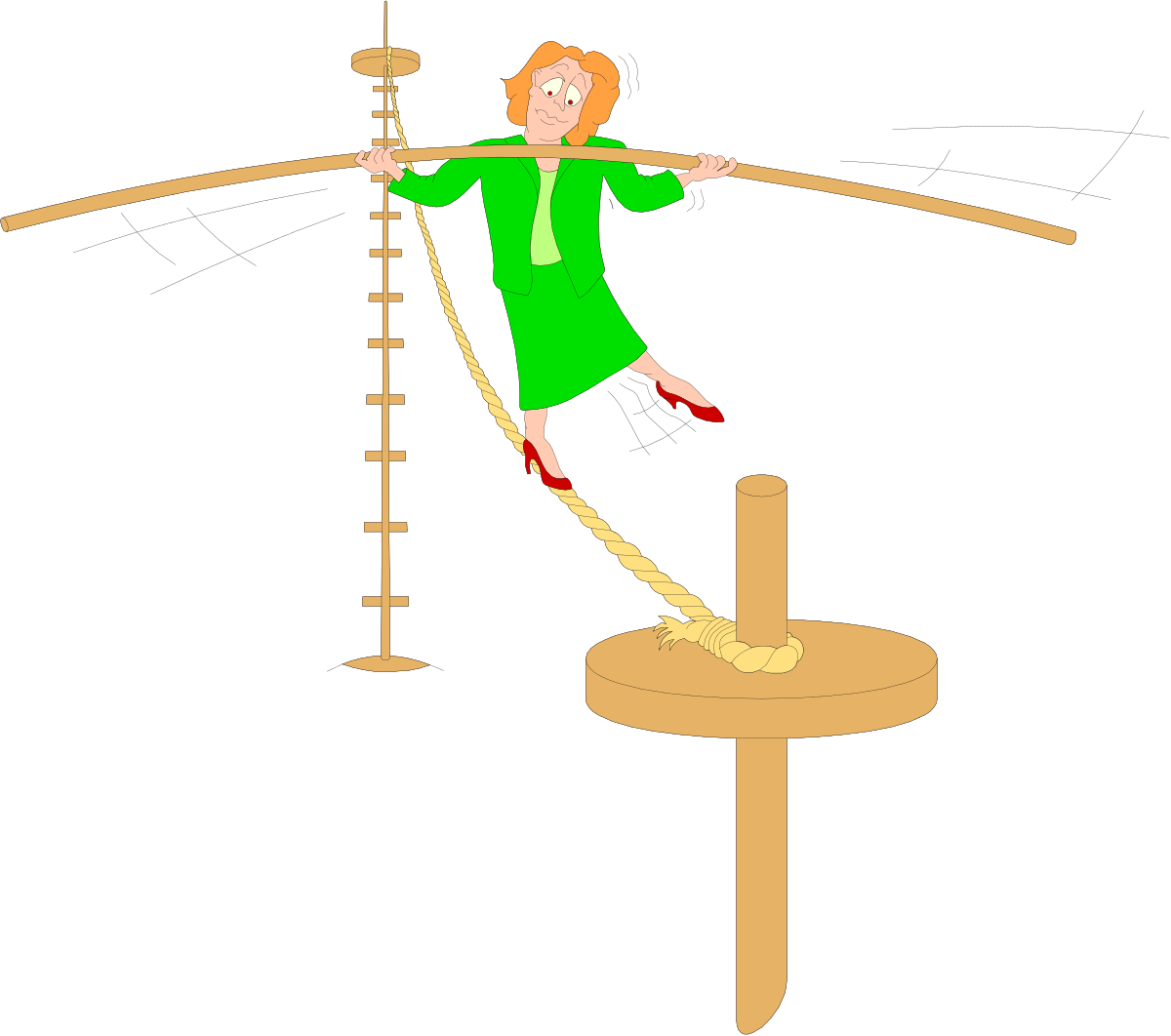Balancing Woman in Green on Rope - Dynamic Clipart Illustration
