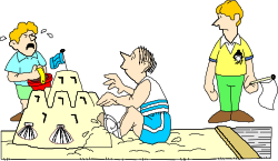 Sandcastle Building Cartoon - Fun Clipart of Two Friends at the Beach