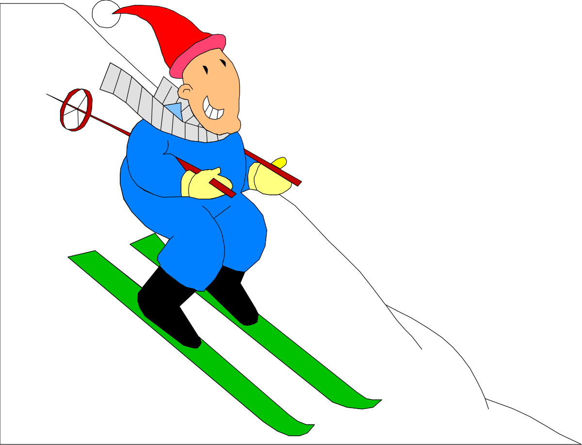 Cartoon Skier Skiing Down Slope - Fun Winter Adventure Clipart