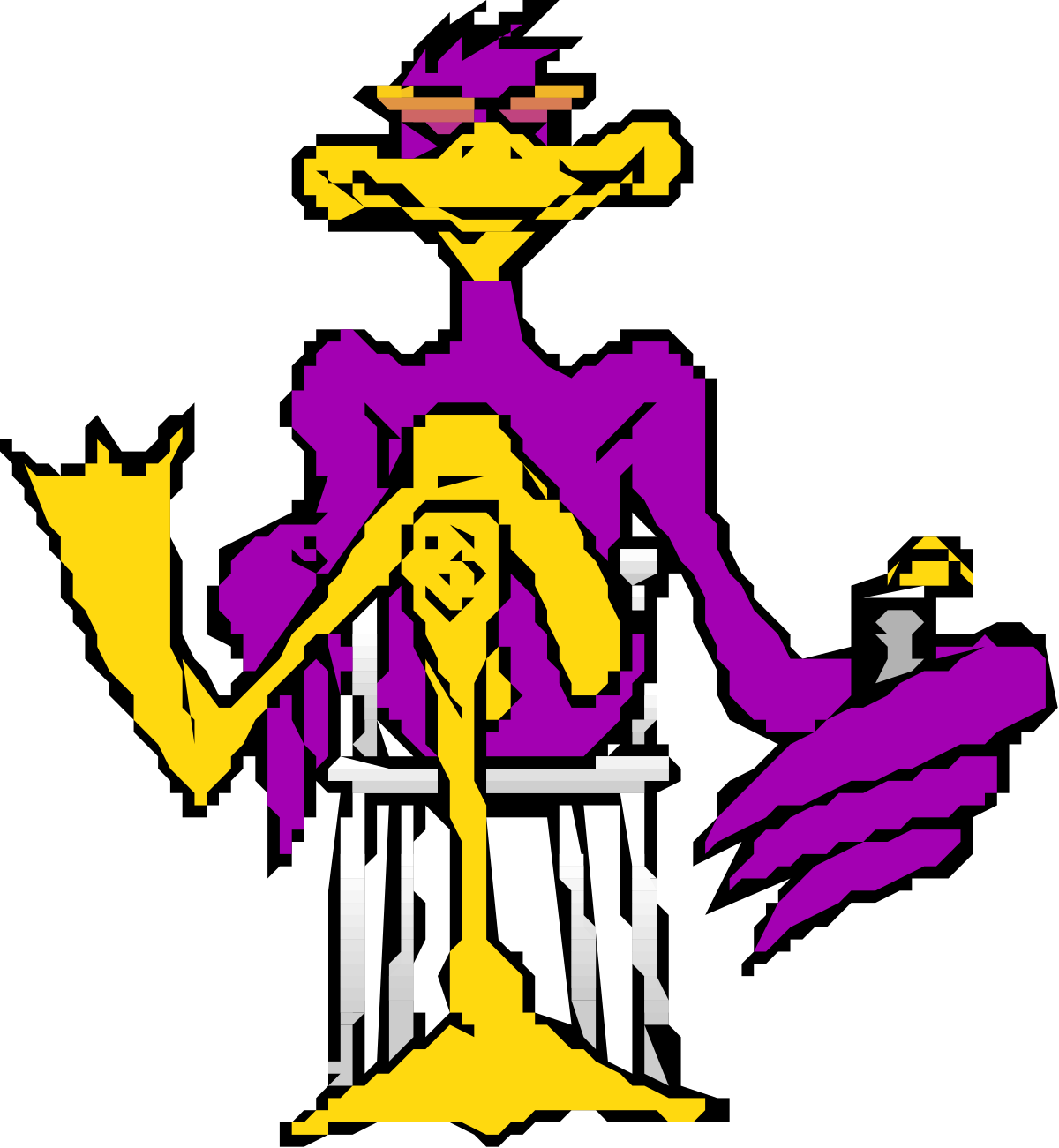 Purple and Yellow Robot Sitting on a Chair - Playful Clipart for Creative Projects