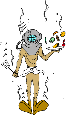 Cartoon Character with Gas Mask and Food Plate Clipart