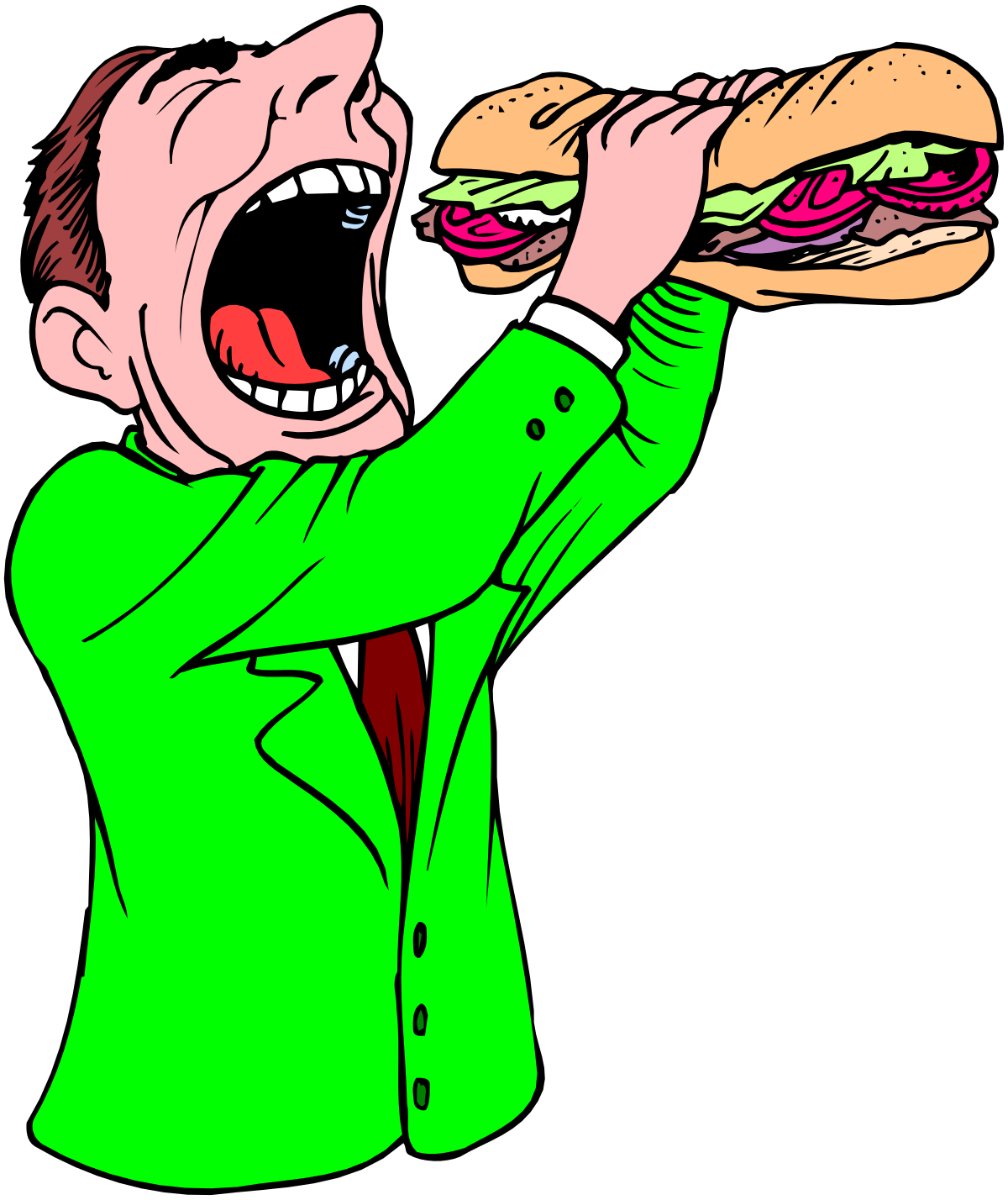 Man Eating Sandwich in Green Shirt Clipart
