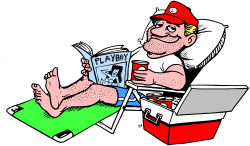 Man at Desk with Laptop and Newspaper Clipart for Creative Projects
