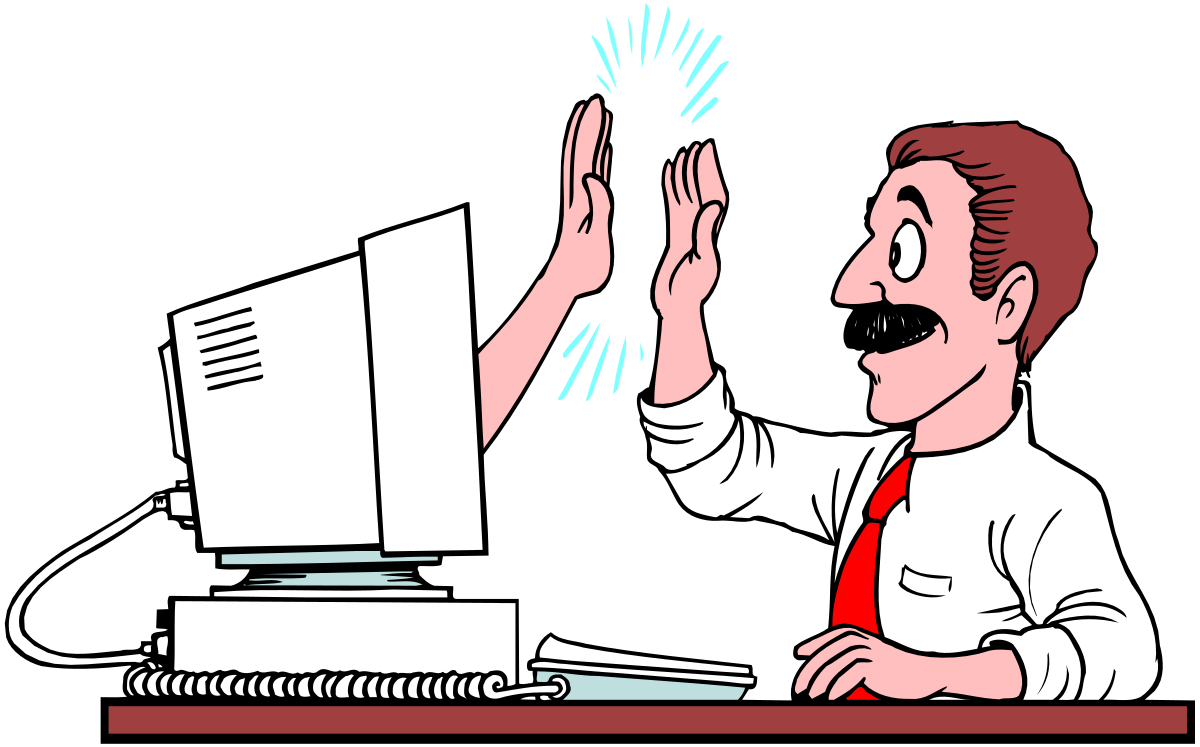 Man in White Shirt Sitting at Desk with Hands Up - Clipart Vector