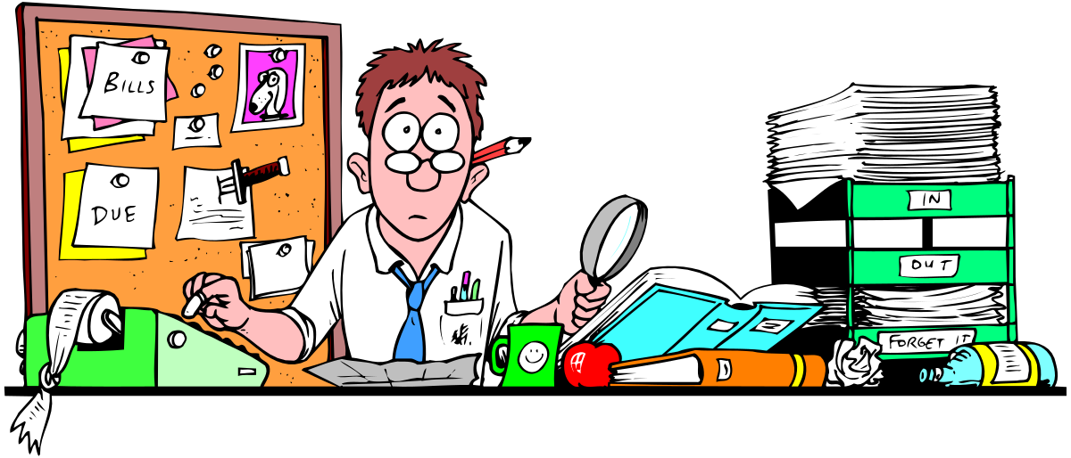 Man at Desk with Papers and Magnifying Glass Clipart