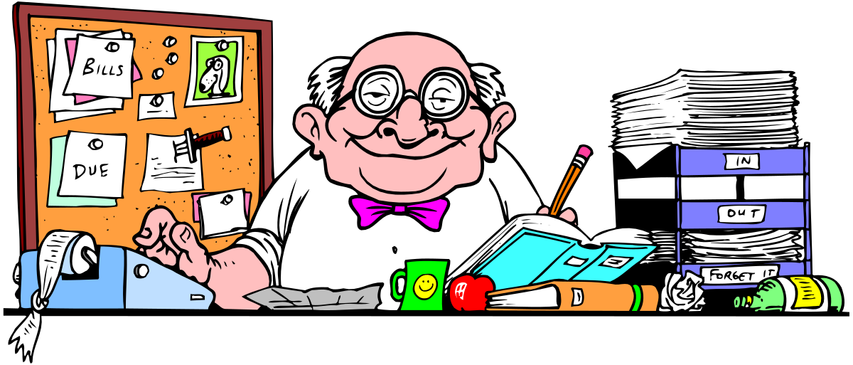 Desk Scene with Man, Papers, and Pen Clipart