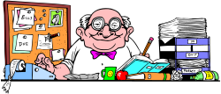 Desk Scene with Man, Papers, and Pen Clipart