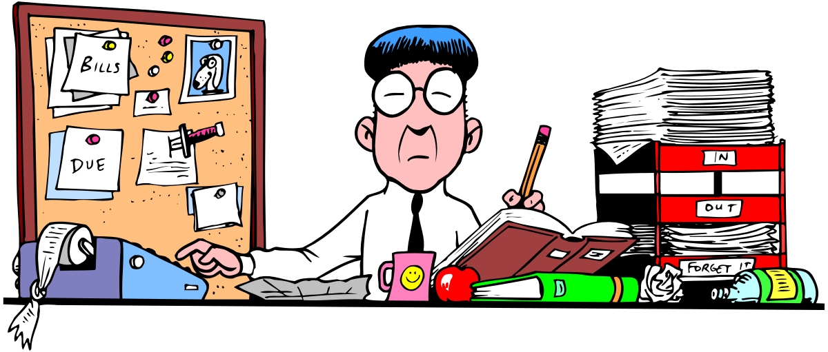 a man sitting at a desk with a lot of papers clip art png transparent Desk Scene with Papers Clipart - Office Man at Work