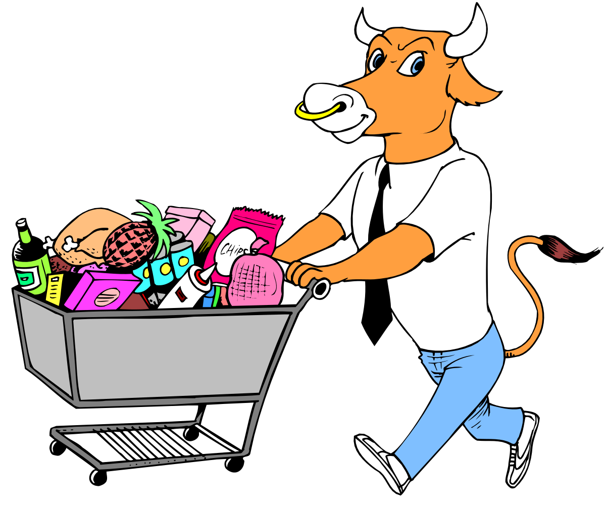 Grocery Cart Man Clipart: Vibrant Scene of a Man Pushing a Full Cart