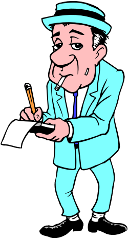 Cartoon Man in Blue Suit and Hat Writing - Engaging Clipart for Creative Projects