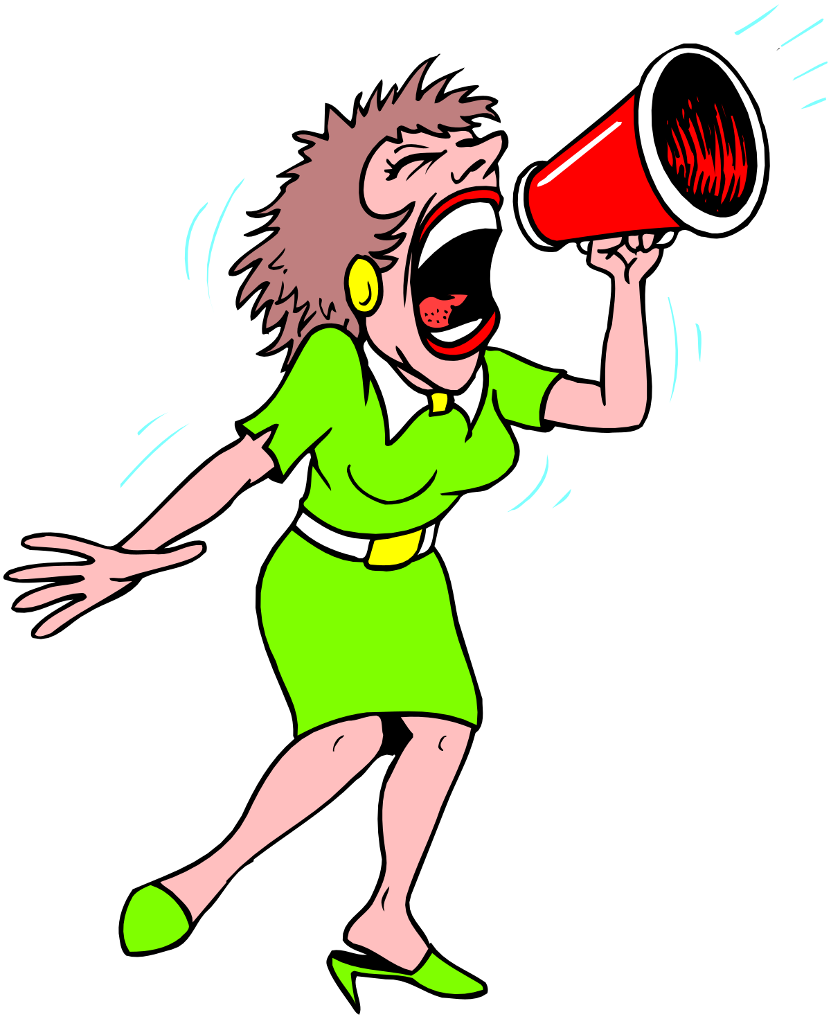 a woman in a green dress is screaming with a megaphone clip art png transparent Woman in Green Dress Screaming with Megaphone Clipart
