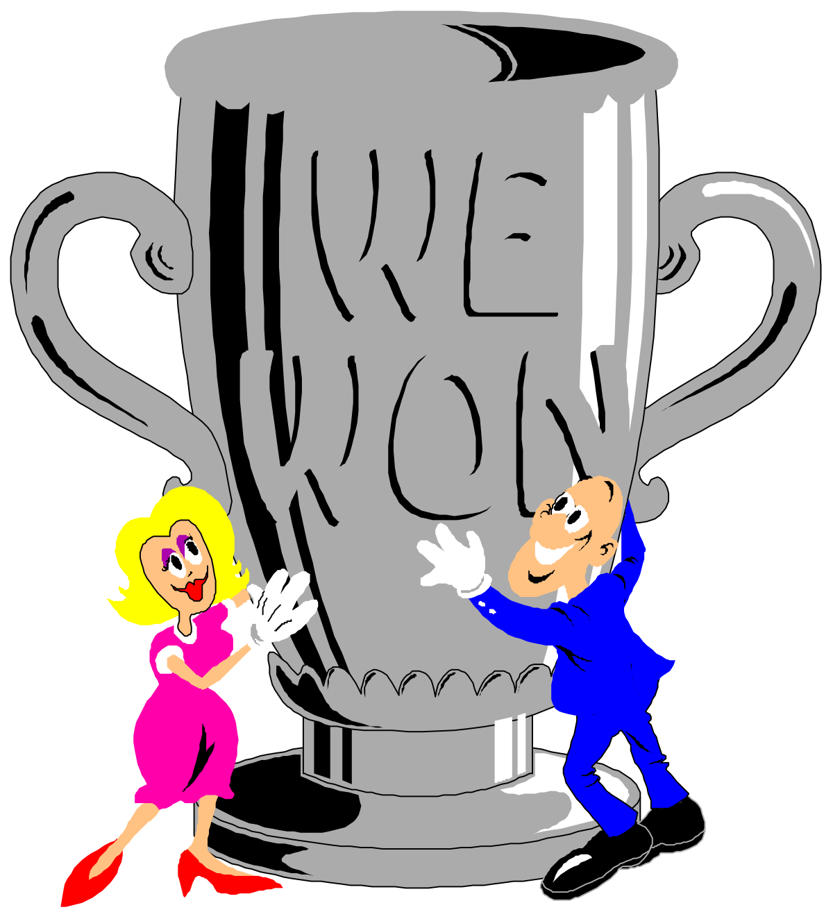 Trophy Celebration Clipart: Cartoon of Two People Standing Next to a Trophy