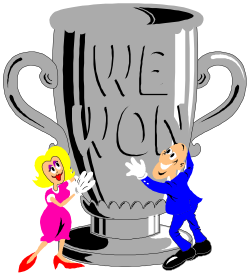 Trophy Celebration Clipart: Cartoon of Two People Standing Next to a Trophy