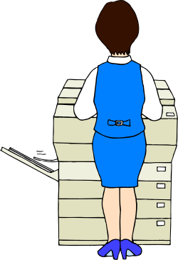 Woman in Blue Dress Next to Stack of Papers Clipart