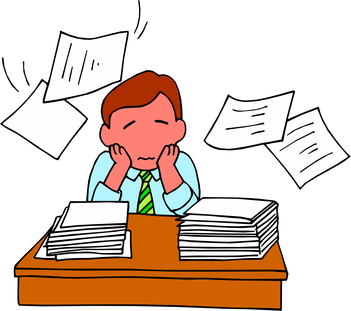 Man at Desk with Papers Flying - Dynamic Office Clipart