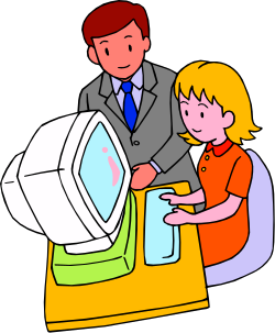 Computer Clipart: Man and Little Girl Exploring Technology Together