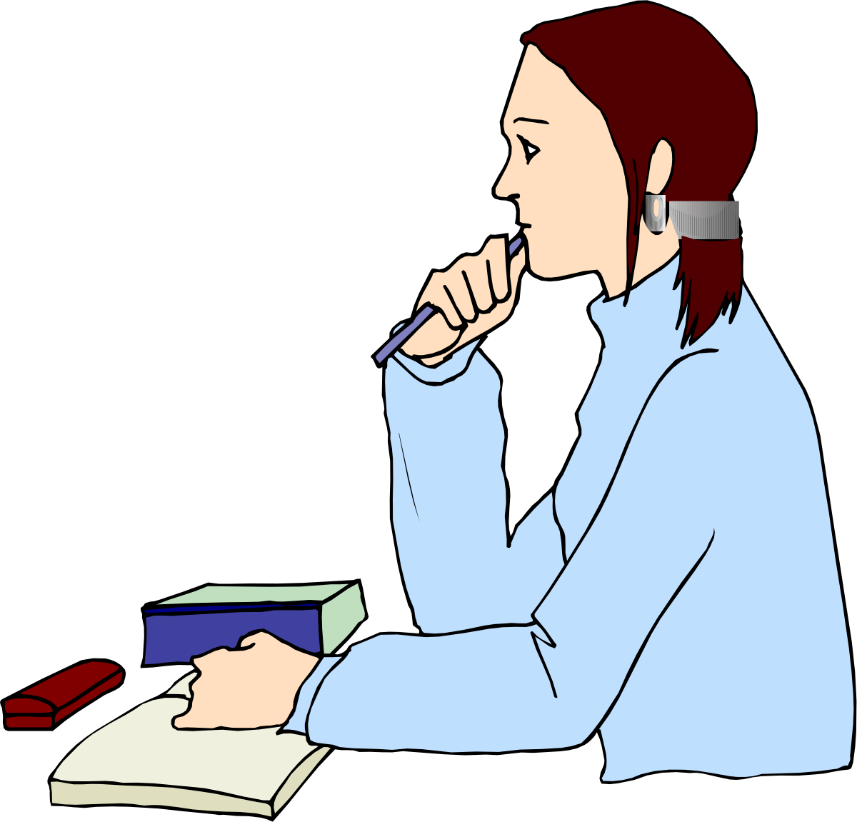 Woman at Desk with Book and Pen - Engaging Clipart for Your Projects
