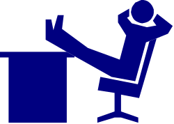 Man Sitting at Desk with Arms Up - Engaging Clipart for Creative Projects