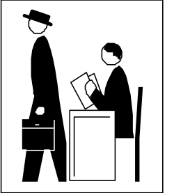 Man in Hat and Man in Suit Sitting at Desk Clipart
