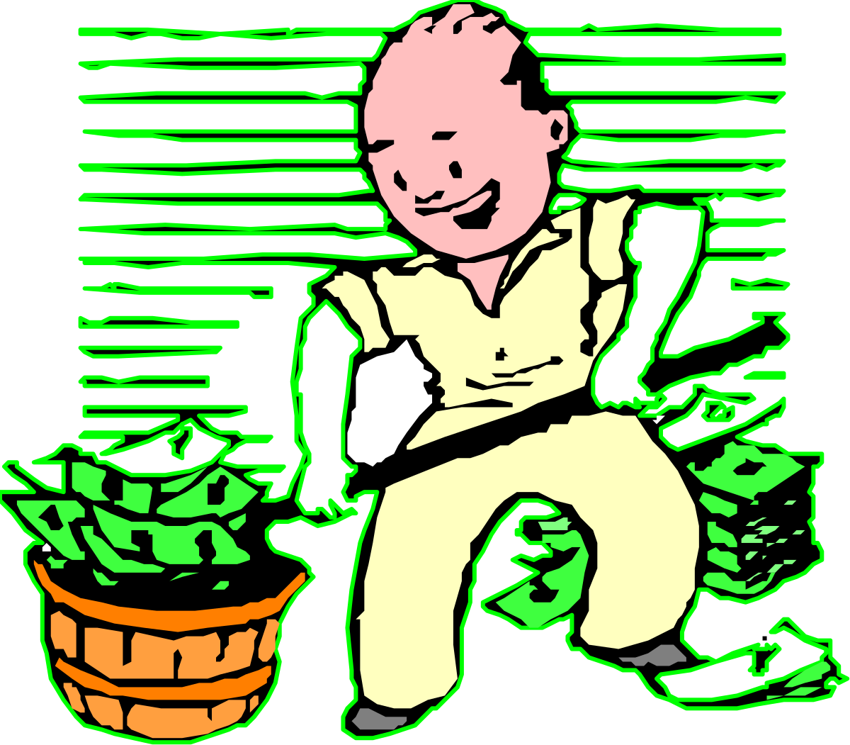 Man Sitting on a Bench with Money Bucket Clipart